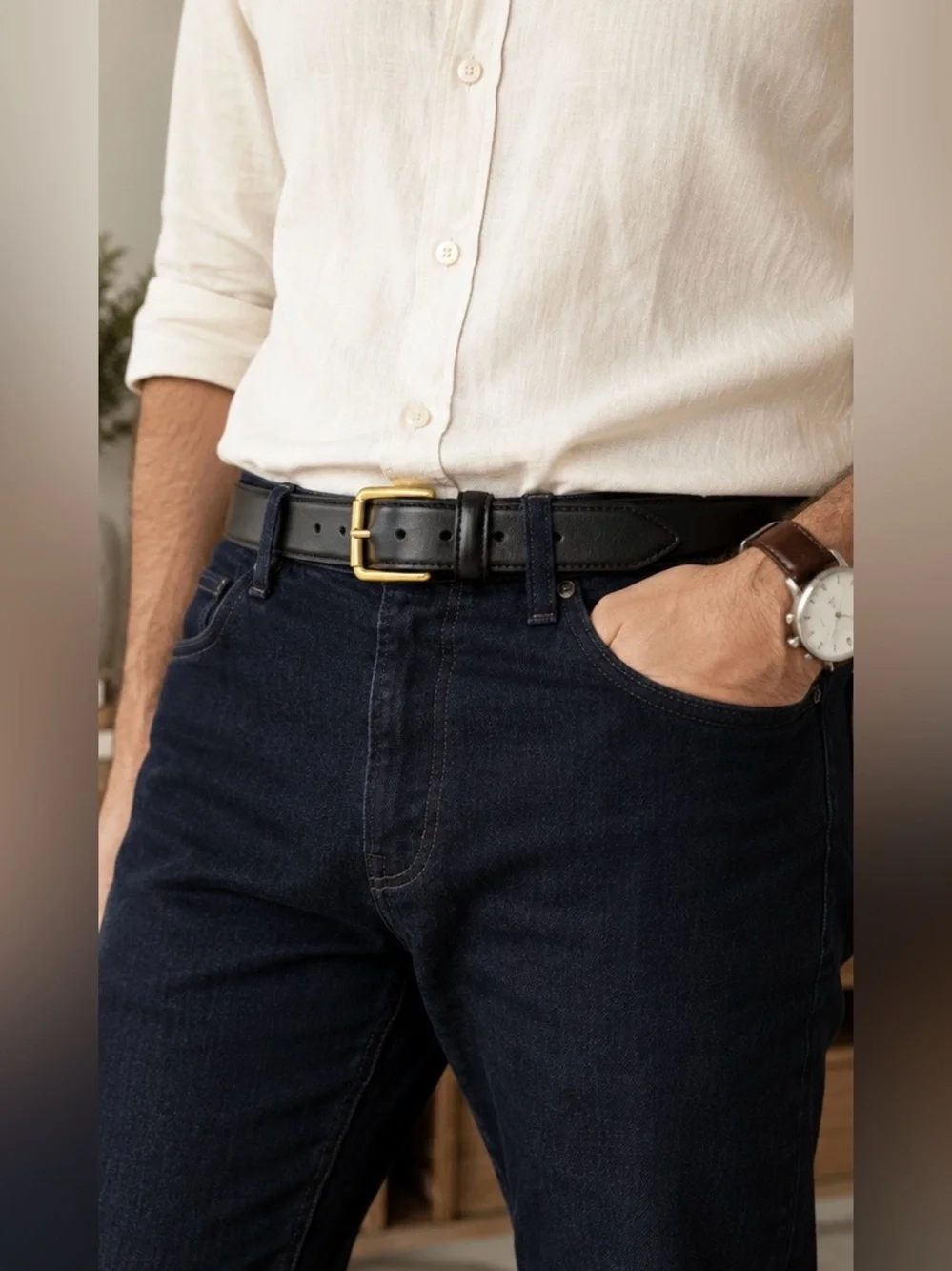 Lands’ End Black Timeless Leather Belt Brass Buckle Classic Dress Casual Size 34